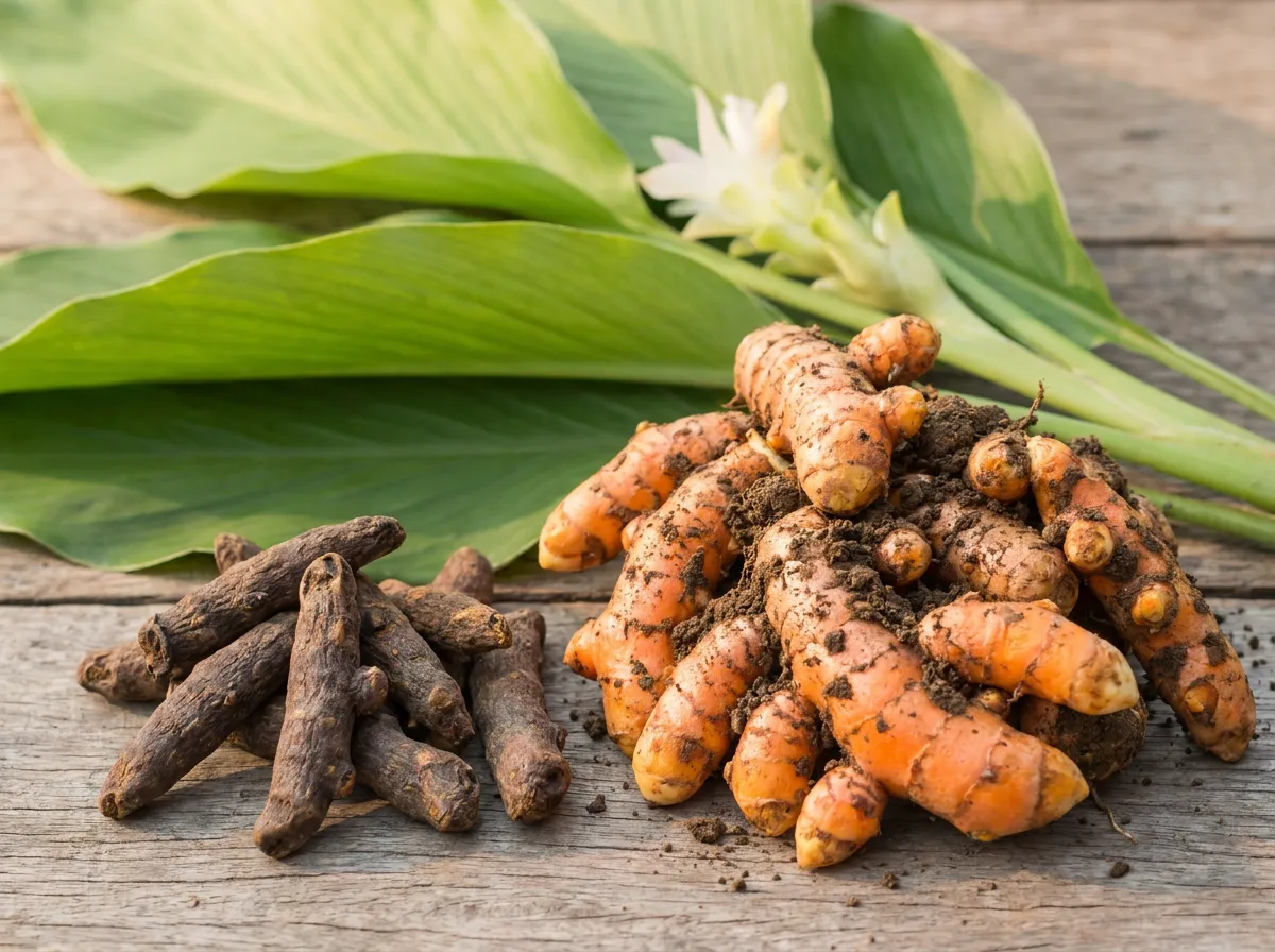 Freshly lifted turmeric rhizomes with soil still on them beside dried cured fingers
